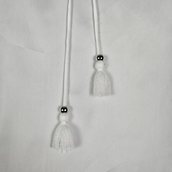 PAIGE Kaylynn Smocked Blouse Tassels City Chic Matte Satin Boho White Womens M - Picture 10 of 16